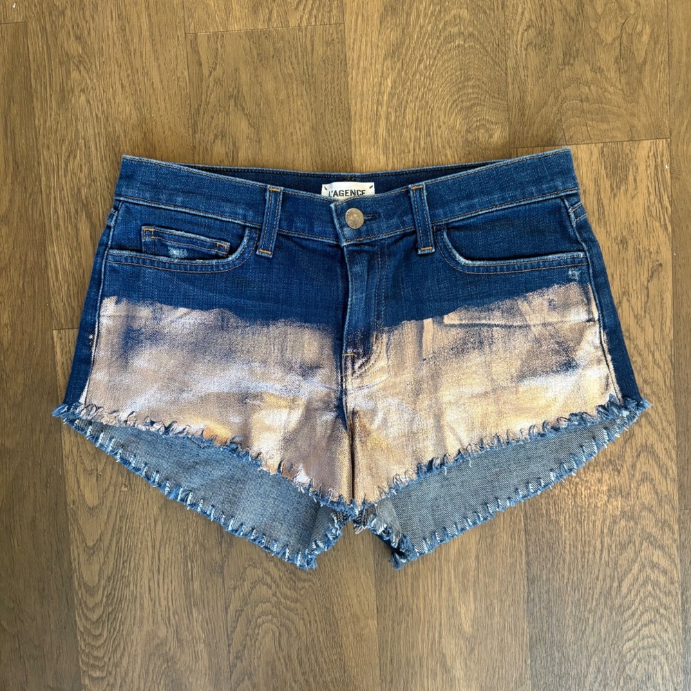 L'Agence Womens Zoe Perfect Fit Gold Foil Rose Raw Hem Dark Wash Denim Shorts
